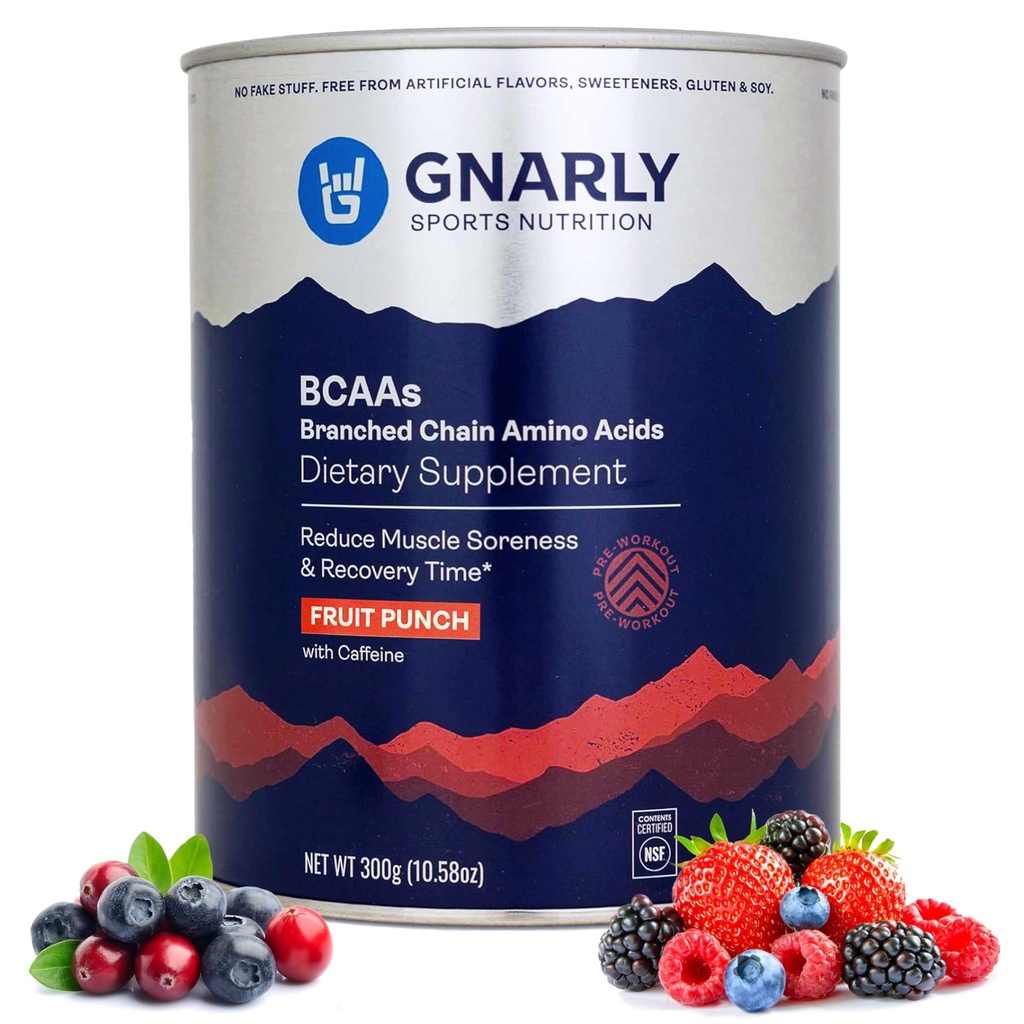 Gnarly Beslenme BCAA Toz, Meyve Zü – Pre-Workout BCAAS Amino asitler – NSF Sport sertifikalı – Destek ve Yeniden İnşa Kası - Caffeine ile Meyve Zü, 10.58 ozz