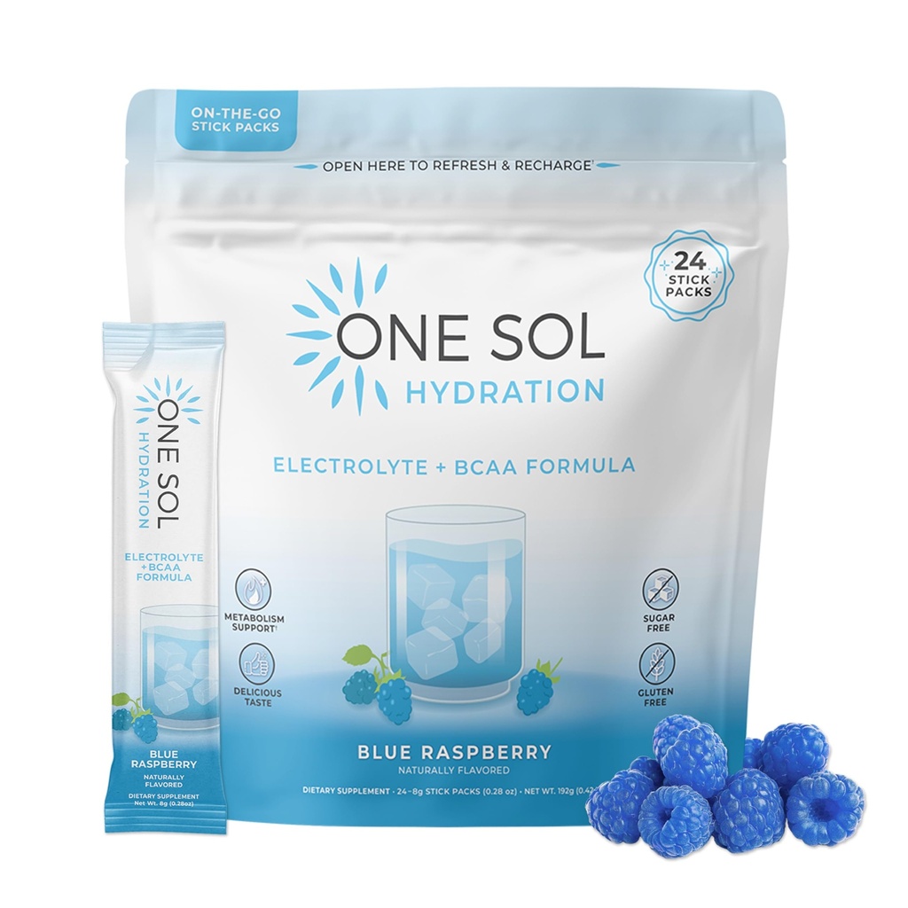 One Sol BCAA & Electrolyte Tozu Hydration & Energy, All-Doğal Formula, %100 Vegan, Non-GMO, Gluten Free & Soy-Free, Supports Muscle growth & Recovery, Natural Blue Raspberry Flavor