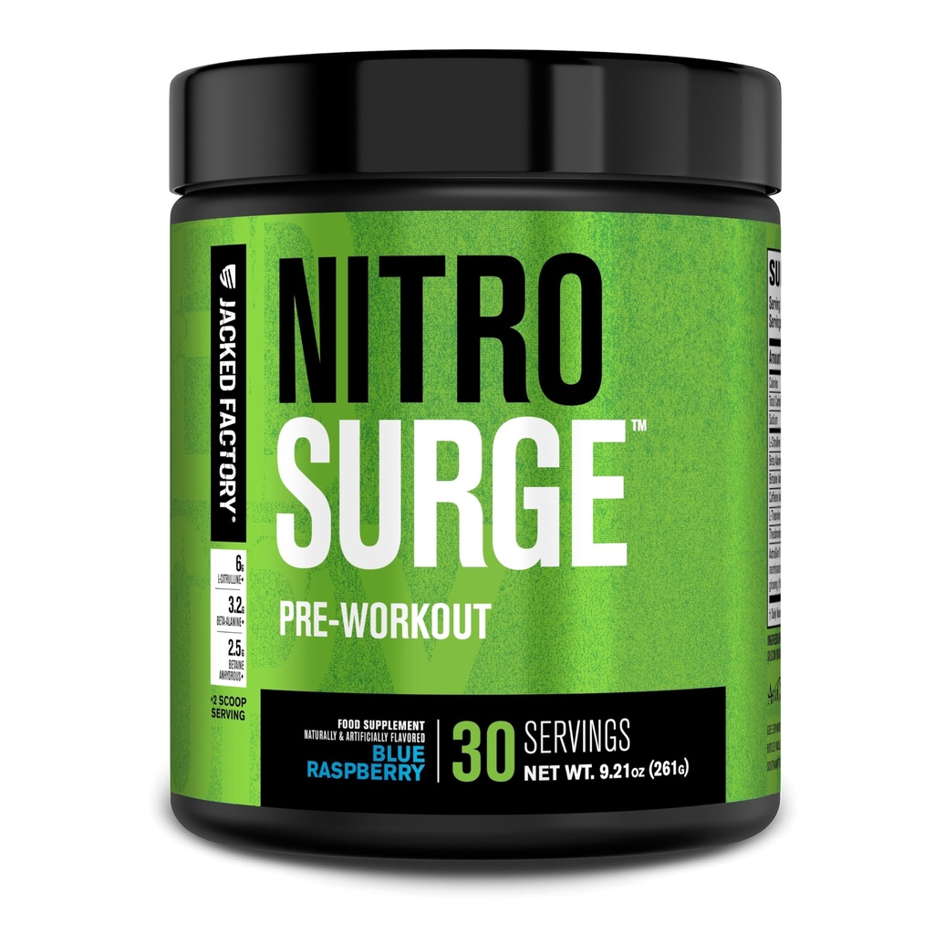 Jacked Factory NITROSURGE Preworkout Supplement - Ενεργειακό Booster, Instant Strength Gains, Clear Focus & Intense Pumps - ΟΧΙ Booster & Ισχυρή Preworkout Energy Powder - 30 Servings, Blue Raspberry