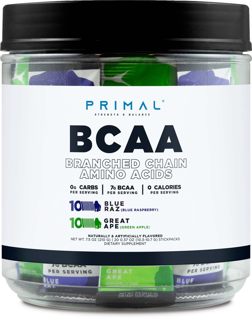 Primal BCAA Çeşitli Paketi, Blue Raspberry + Great Ape Green Apple Flavored (20 Stickpacks) - 7G BCAA per Service, Branched Chain replica