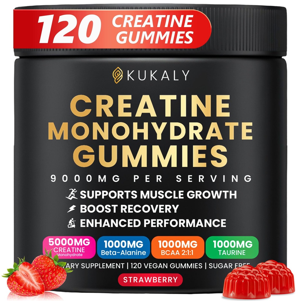 Erkekler ve Kadınlar için Kreatifler, 9000MG Kreatine Gummies Sugar Free with L-Taurine, BCAA 2:1, B12 B6 for Boost Strength, Focus & Endurance, Vegan, Non-GMO, Strawberry, 120