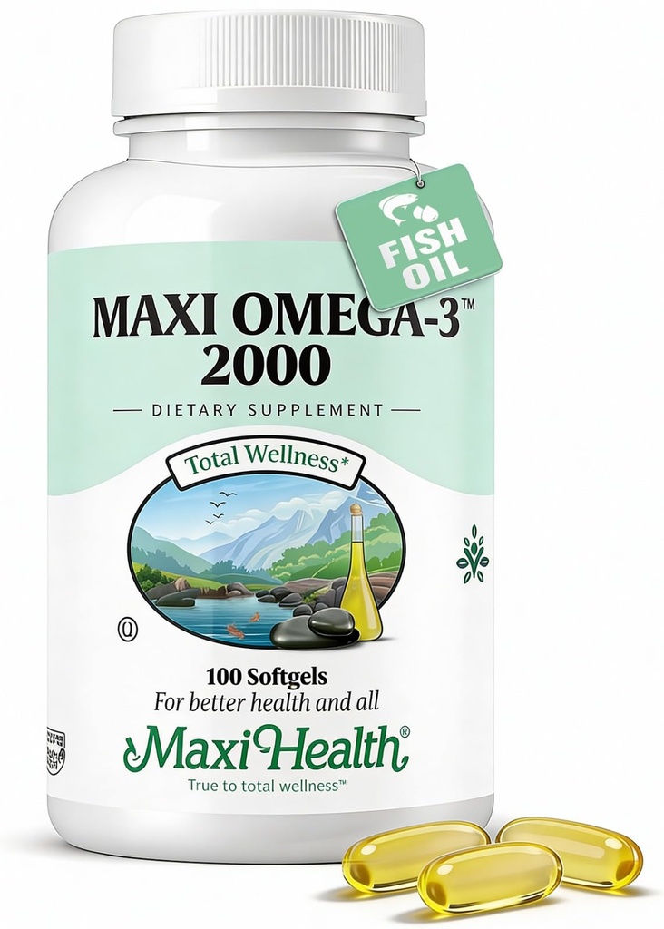 Maxi Health Omega 3 Fish Oil 2000 mg – Fish Oil Omega 3 Supplements with No Fishy Aftertaste – Triple Strength EPA DHA – Kosher Omega3 Supplement to Help General Wellness (100 Softgels)