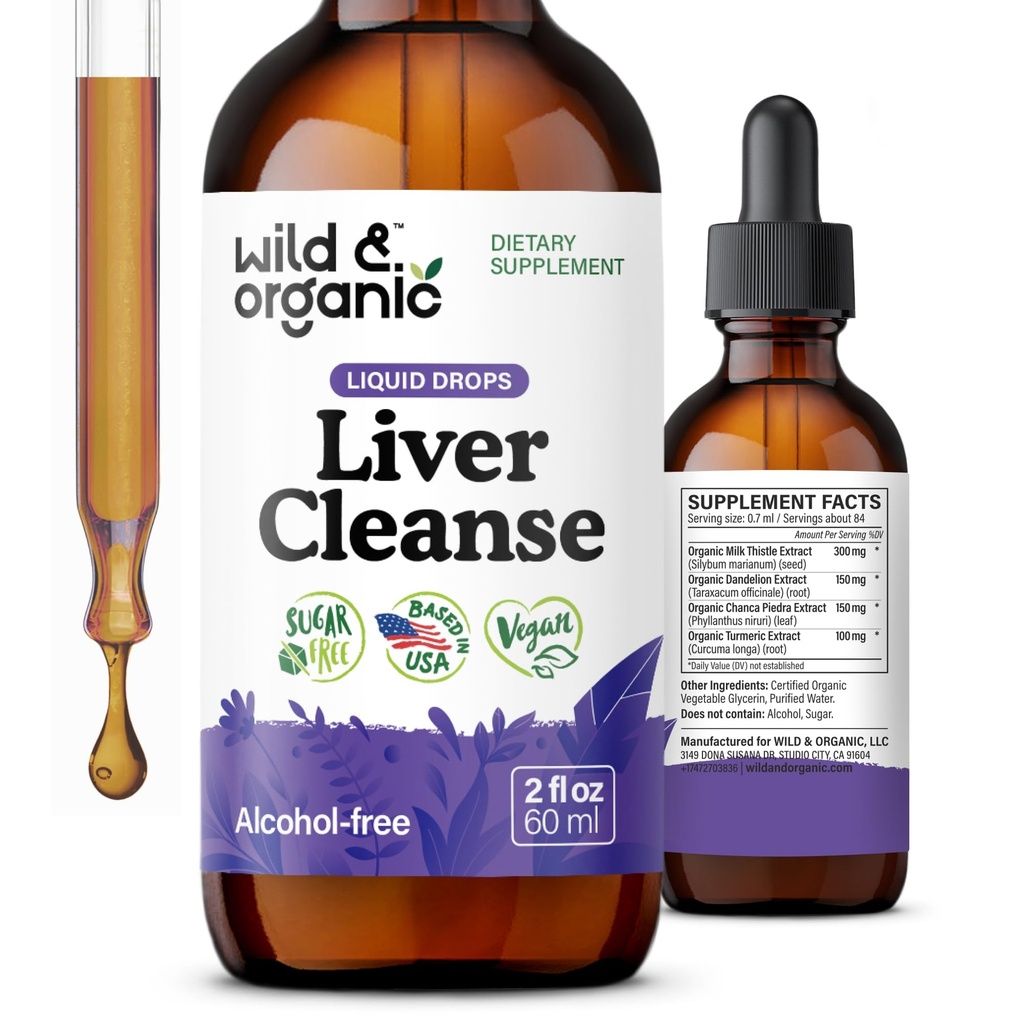 Wild & Organic Liver Cleanse Tincture - Liver Detox Formula with Milk Thistle, Dandelion Root, Chanca Piedra Stone Breaker Extract - Βότανο συμπλήρωμα - Vegan, Ζάχαρη & Αλκοόλ-ελεύθερο υγρό σταγόνες - 2 oz
