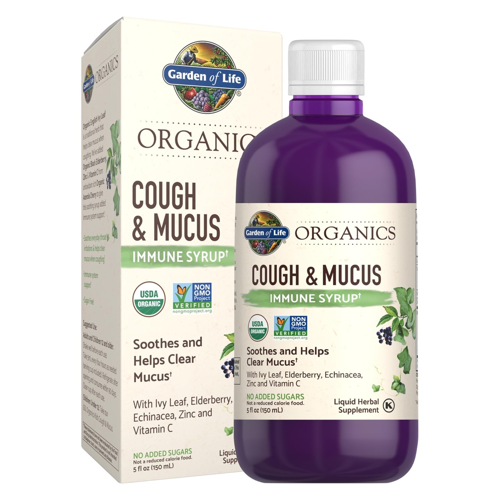 Life Organics Elderberry çinko Immune Support for Yetişkinler and Kids 12 ve Yaşlı, Organik Cough & Mucus Immune Syrup with Ivy Leaf, C and Echinacea, No Eklenen Sugars, 5 Fl oz