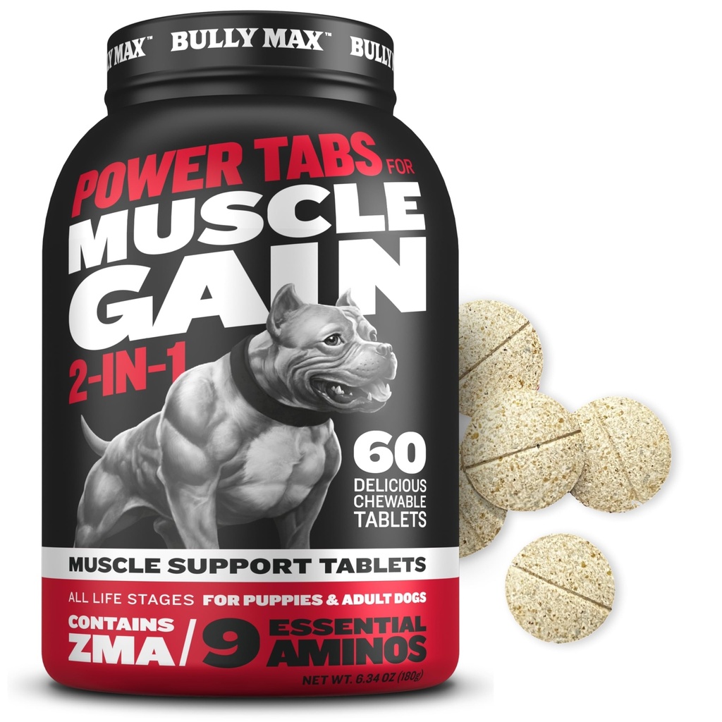Bully Max 2-in-1 Muscle Builder Chewable Tablets for Puppies & Adult Dogs - Puppy & Dog Vitamins & Supplements for Muscle Gain & Growth - Ultimate Canine Multivitamins for All Breeds & Ages - 60 Tabs