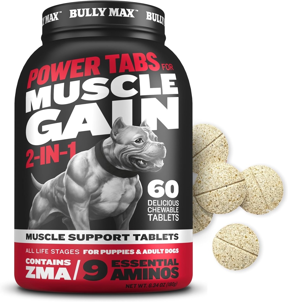 Bully Max 2-in-1 Muscle Builder Chewable Tablets for Puppies & Adult Dogs - Puppy & Dog Vitamins & Supplements for Muscle Gain & Growth - Ultimate Canine Multivitamins for All Breeds & Ages - 60 Tabs