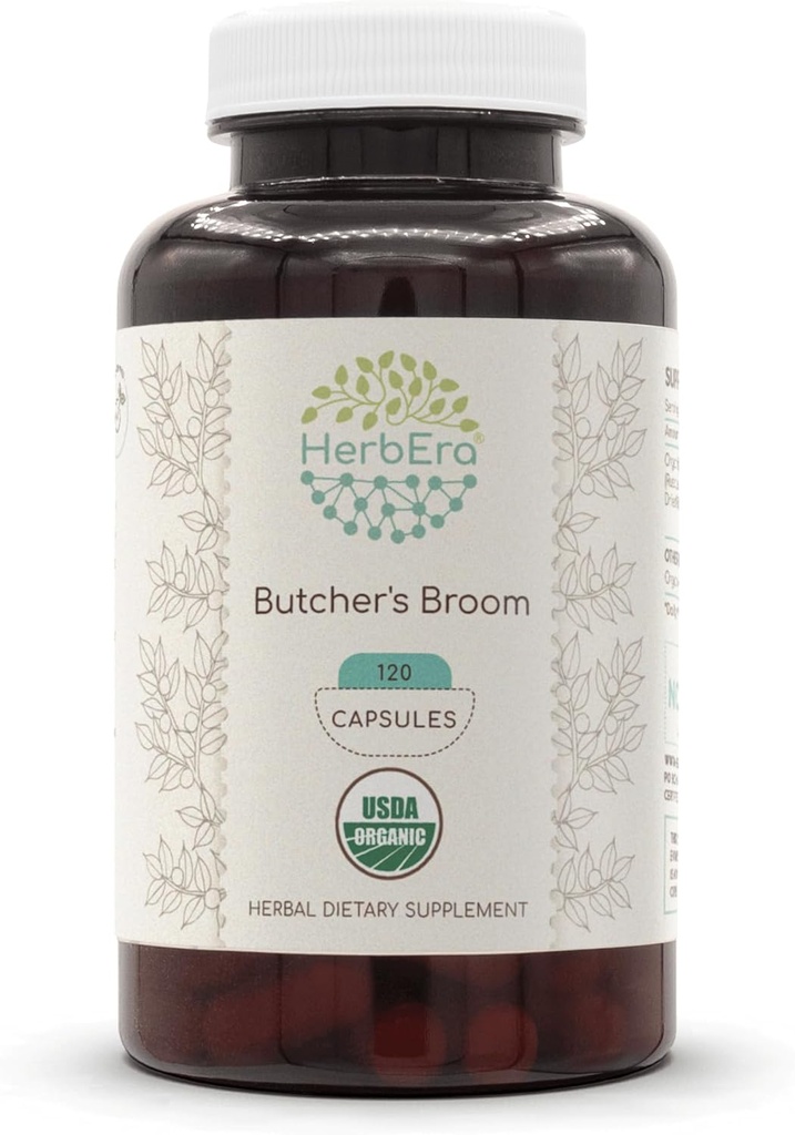 HerbEra Butcher's Broom USDA Organik 120 Capsules | Natural Herbal Supplement | Sertifikalı Organik Vejetaryen Capsules and Organic Butcher's Broom (Ruscus aculeatus) kuru Kök (120 Capsules)