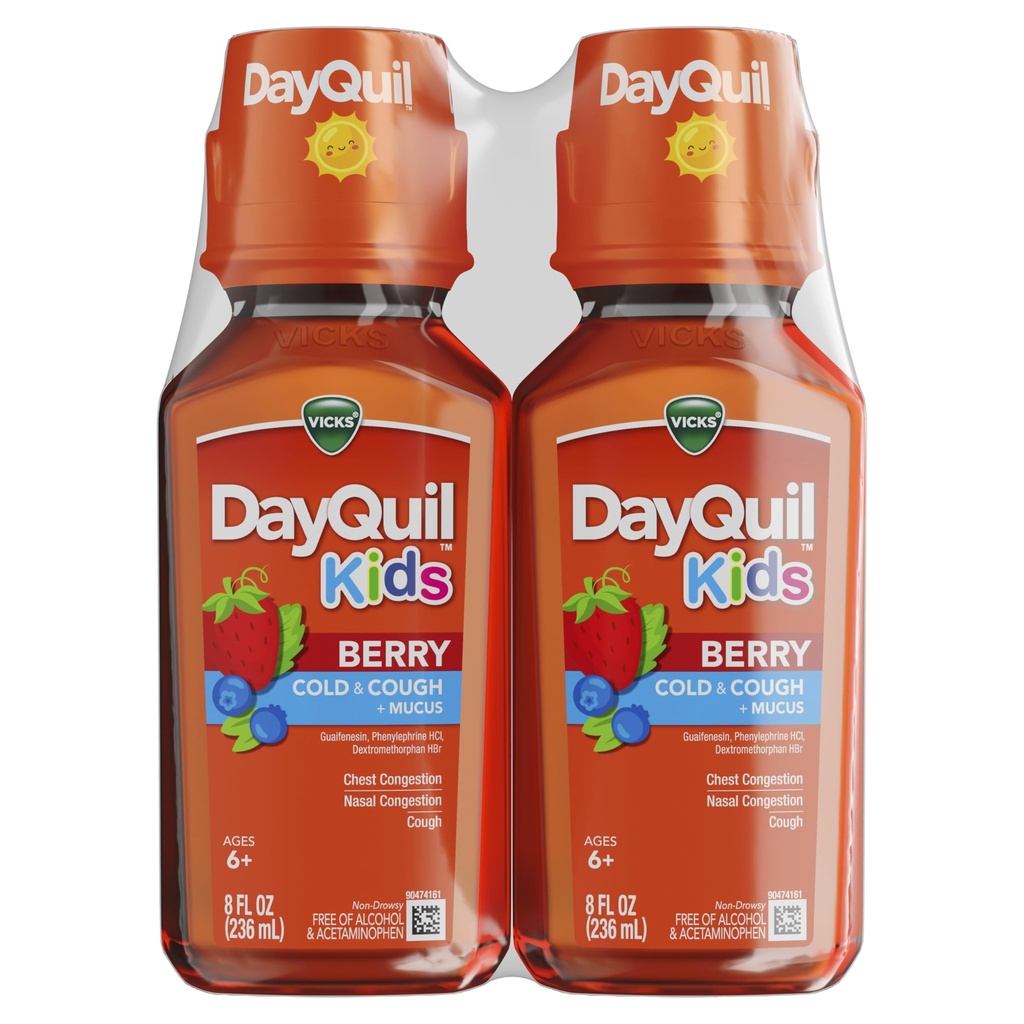 Vicks Kids DayQuil Berry Cold & Cough Medicine Co-Pack, Daytime Relief of multiple Belirtiler, Great-Tasting Berry Flavor, Free of Alkol & Acetaminophen, For Ages 6+, 2x8oz