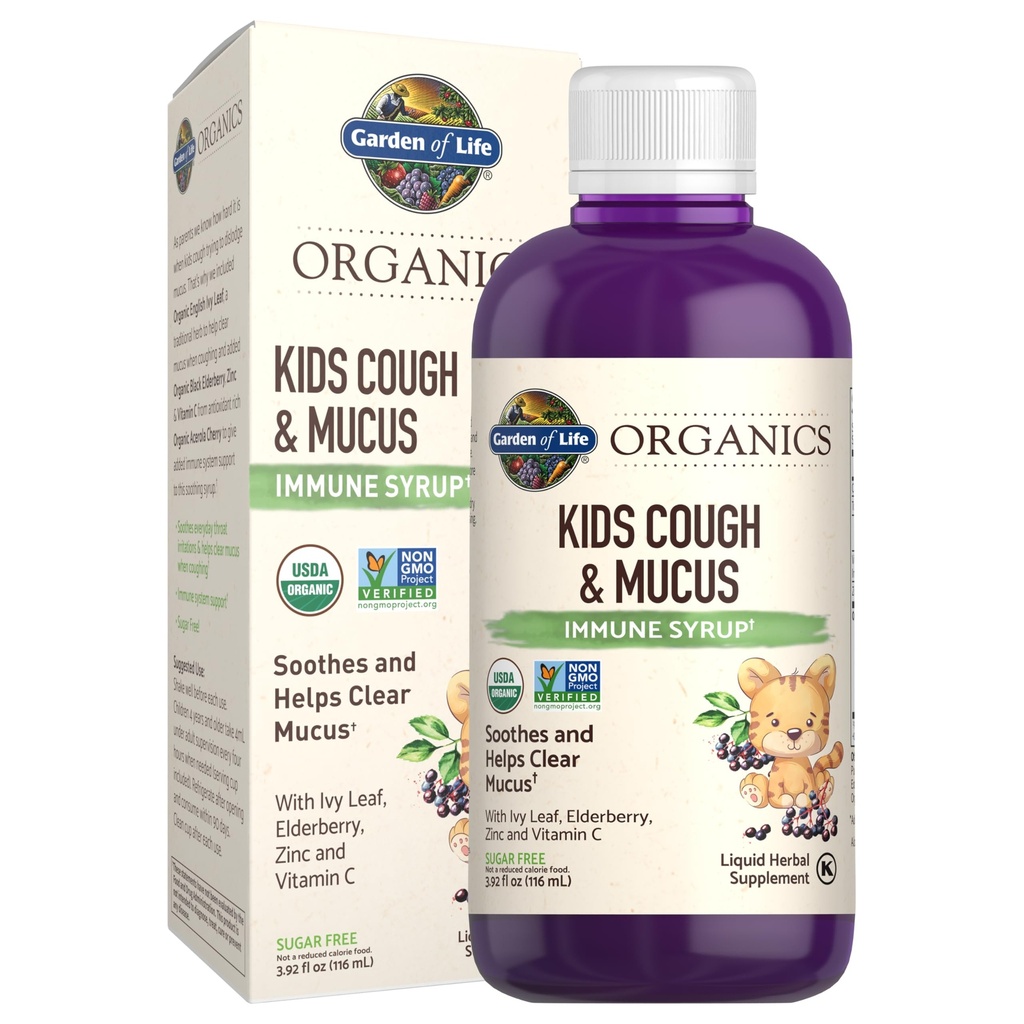 Çocuk Immune Support, Kids Cough & Mucus Immune Syrup with Ivy Leaf, Vitamin C and Echinacea for Children, Alkol-Free, Nodrew Sugars, 3.92 fl ozzz