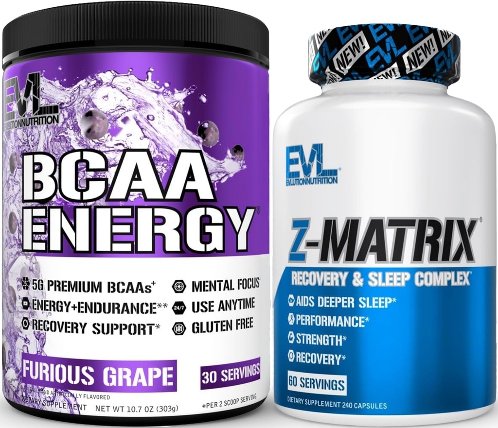 Evlution ZMatrix Magnesium and Zinc Post Processout Supplement (60 Servings) Plus Replenishing BCAAs Αμινοξέα σε σκόνη για προ & μετά την προπόνηση (Σταφύλι, 30 εξυπηρετούν)
