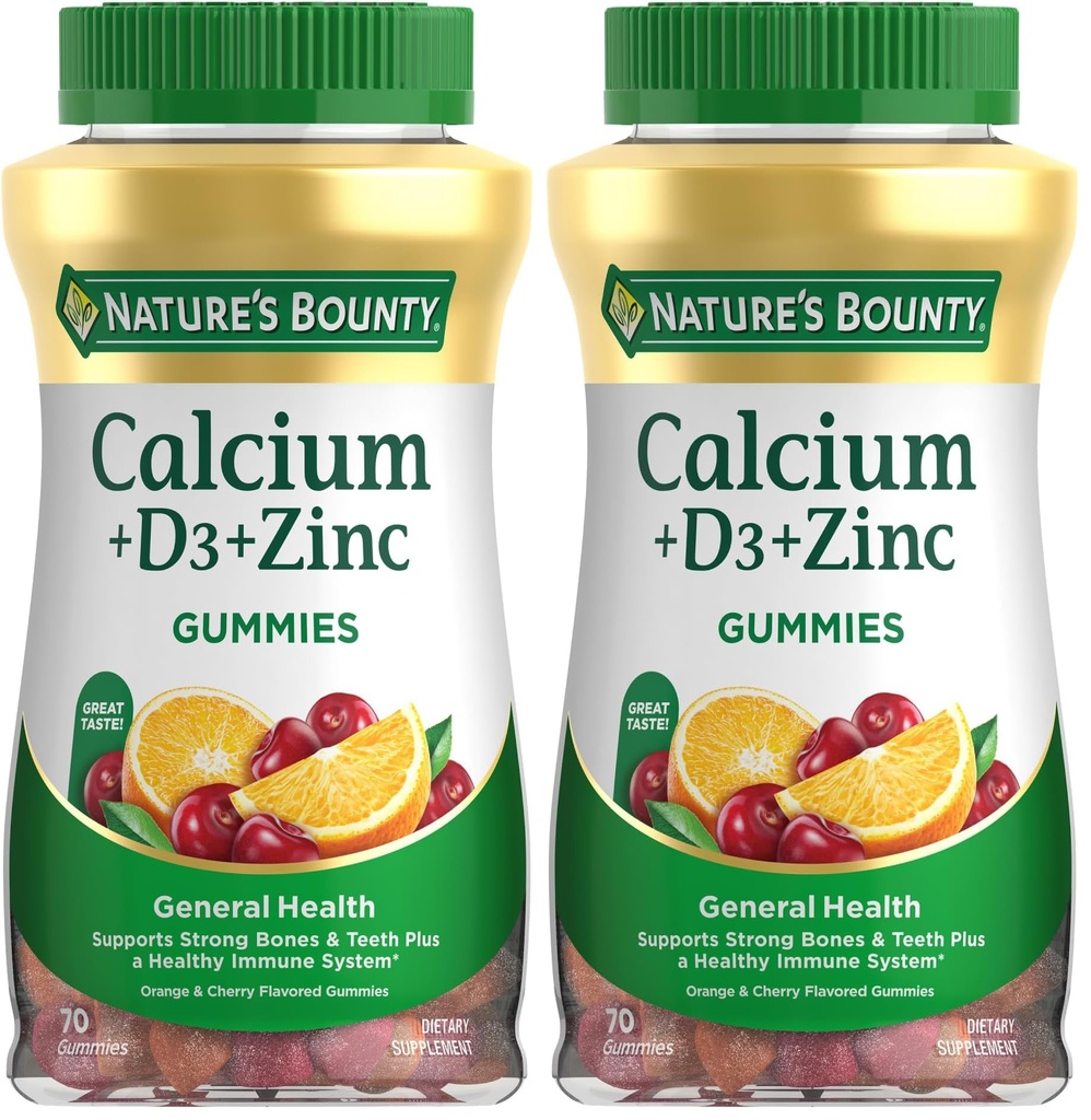 Nature's Bountyuba + D3 + çinko Gummies, Güçlü Bones & Dental Plus Sağlıklı Immune System, 500 mg, Orange ve Cherry Flavored, 70 Gummies (Pack of 2)