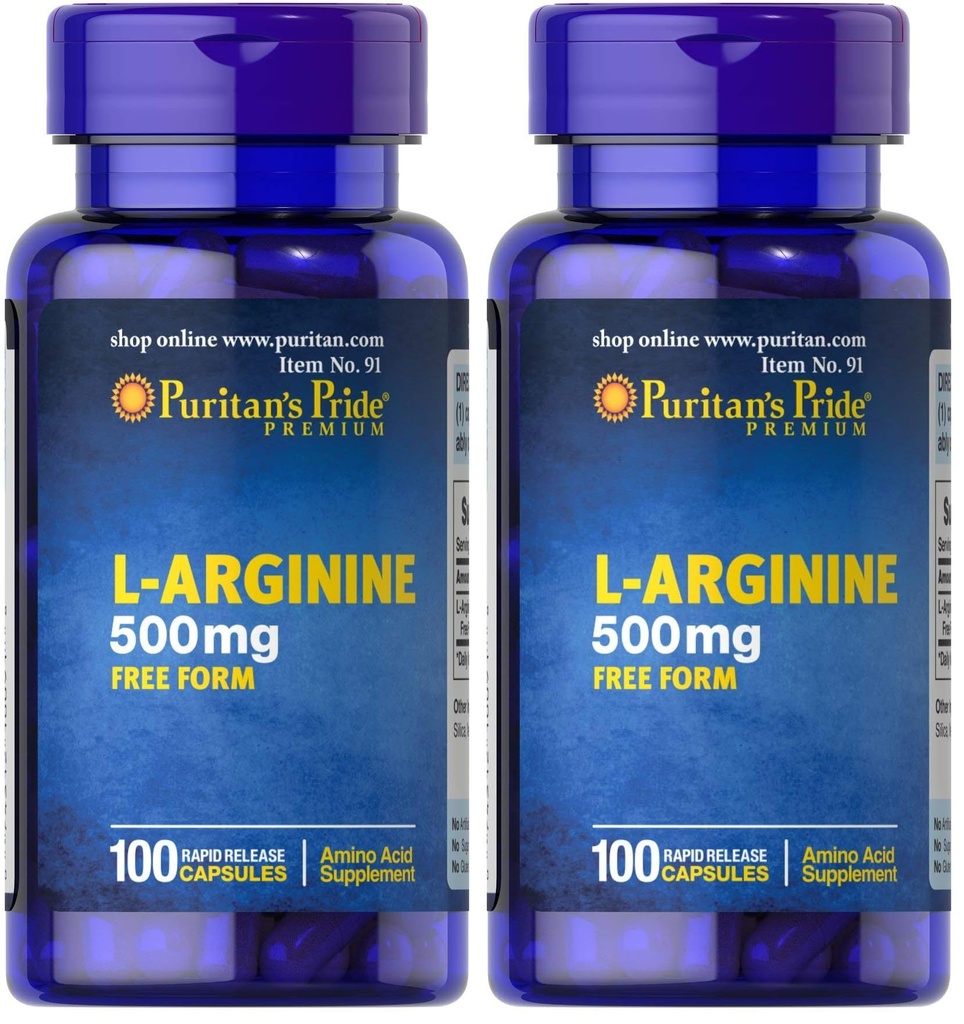 Puritan's Pride L-αργινίνη 500 mg, Υποστήριξη για την Υγεία της Καρδιάς, 100 Count (Pack of 2)