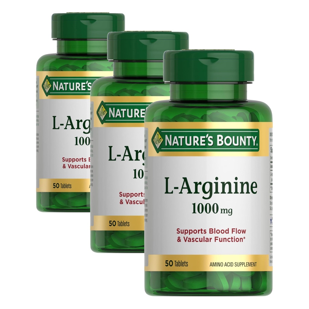 Nature's Bounty L-Arginine 1000 mg for Supporting Blood Flow and Vascular Function – Non-GMO, Gluten Free, 50 Tabletler (Paketi 3)