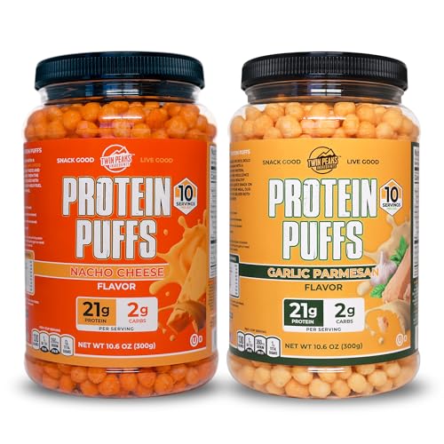 Twin Peaks Low Carb, Keto Friendly protein Puffs, 1 Jug, Parmesan Flavor Puffs + 1 Jug Nacho Cheese Flavor Puffs