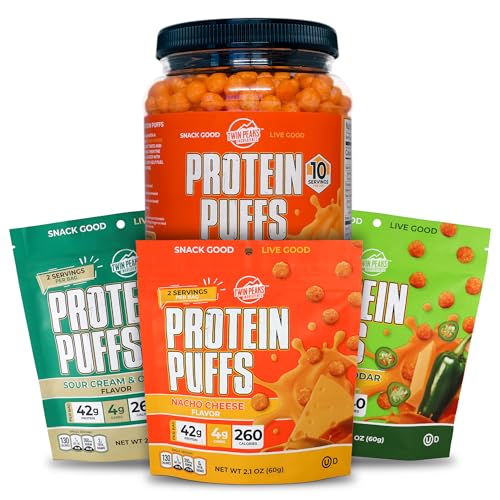 Twin Peaks Low Carb, Keto Friendly protein Puffs, 3 Assorted Flavor Puffs + 1 Jug Nacho Cheese Flavor Puffs