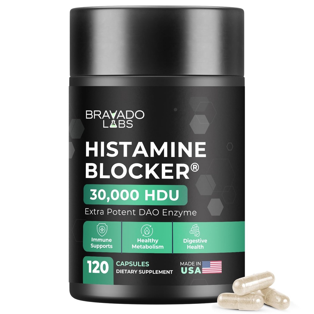 Bravado Labs DAO Supplements Histamine Blocker - Ekstra Kuvvet 30.000 HDU DAO Enzyme + Diamine Oxidase & Vitamin C for Daily Histamine Metabolism & Immune Support - 120ct
