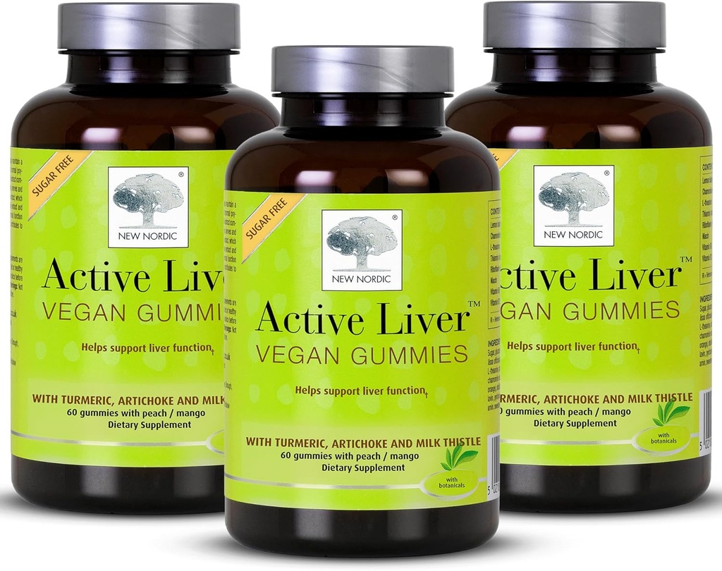 New Nordic Active Liver Gummies, Milk Thistle, Artichoke & Turmeric Supplement, Φυσικό Ροδάκινο & Μάνγκο Γεύση, Ζάχαρη Χωρίς & Vegan, 60 Count (Pack of 3)