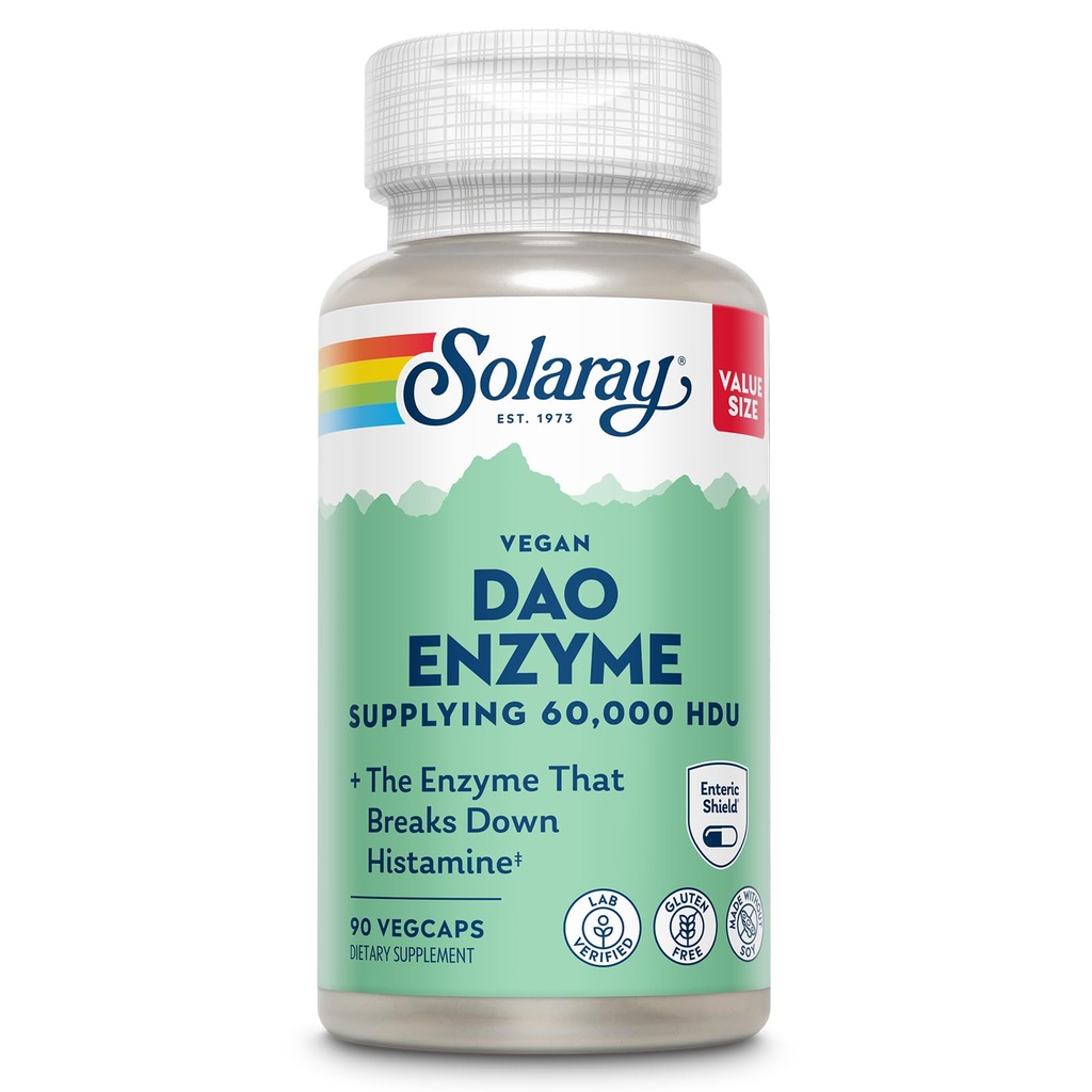 SOLARAY DAO Enzyme - Breaks Down Histamine - 60.000 HDU - Vegan, Gluten Free, Lab Doğrulandı - 90 Hizmet, 90 VegCaps