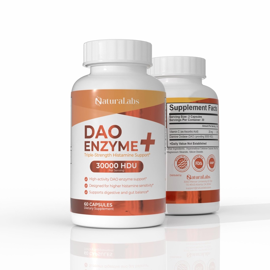 DAO Enzyme + Histamine Blocker - Triple-Strength 30,000 HDU Formula - DAO Enzyme Supplements with Vitamin C - Histamine intolerance Digestive Support - 60 Capsules