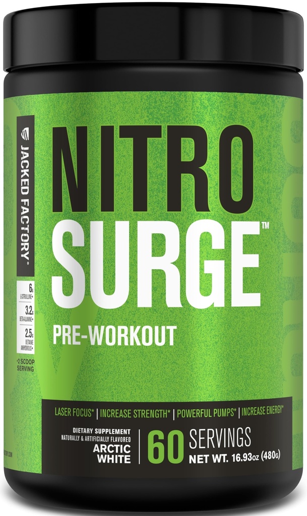 Jacked Factory NITROSURGE Pre Workout Supplement - Endless Energy, Instant Strength Gains, Clear Focus, Intense Pumps - NO ATM & Güçlü Preworkout Energy Toz - 60 Hizmet, Arctic White