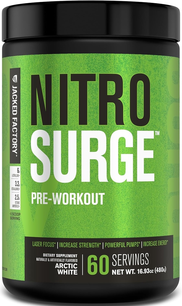 Jacked Factory NITROSURGE Pre Workout Supplement - Endless Energy, Instant Strength Gains, Clear Focus, Intense Pumps - NO ATM & Güçlü Preworkout Energy Toz - 60 Hizmet, Arctic White