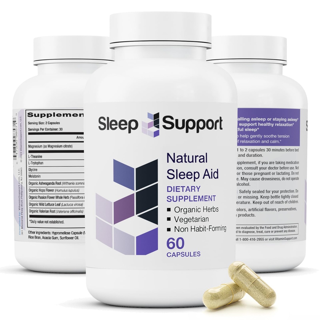 Sleep Support - Yetişkinler için Doğal Uyku Yardımı Calm ve Rahatlama - Ashwagandha, Valerian Root, Magnezyum, Melatonin, Glycine, L-Tryptophan - 60 Capsules