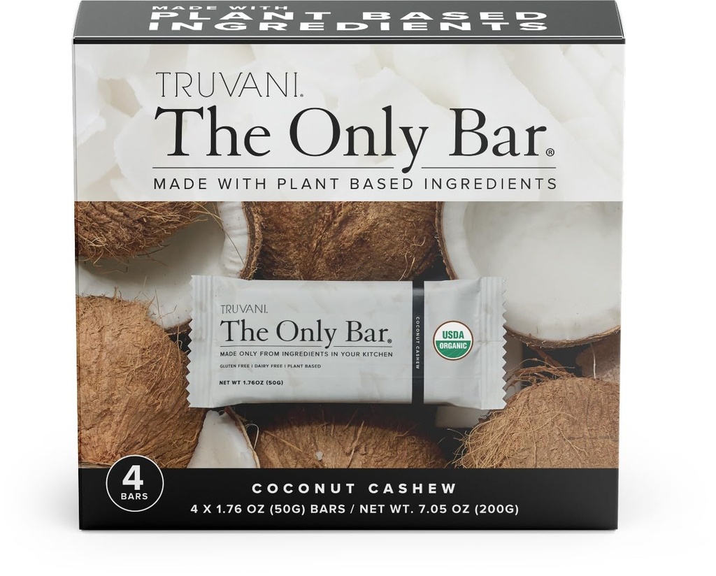 Truvani Plant Based Snack Bars | Coconut Cashew 4 Pack | 5g Protein | USDA Organik ve Vegan | Sadece Bar | Süt, Soy ve Gluten Ücretsiz | Bireysel olarak sarıldı