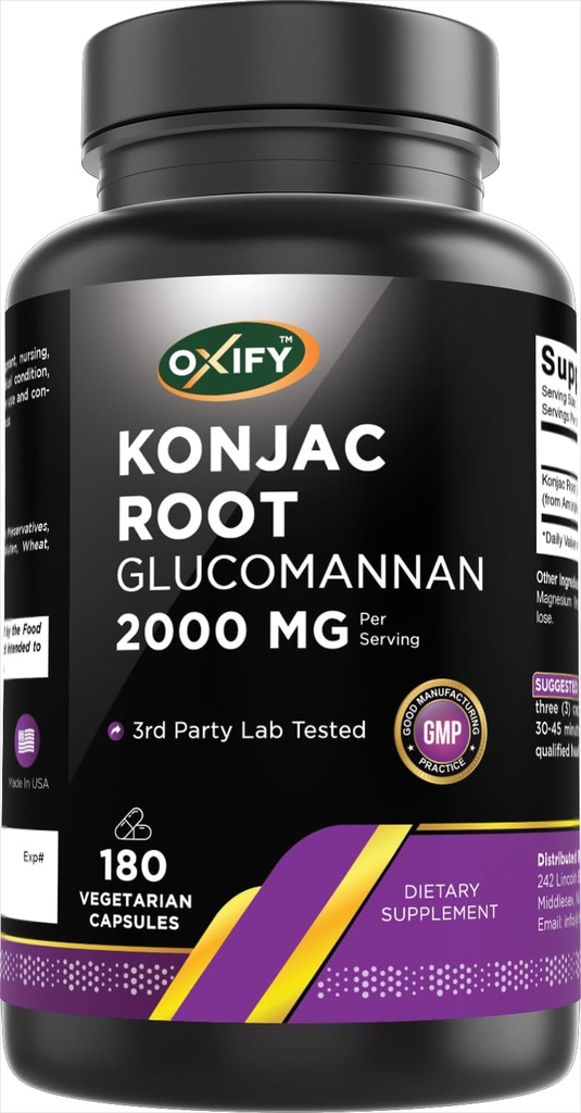 Oxify Konjac Root Glucomannan 2000 mg | 180 Vegetarian Capsules | Gluten-Free, Non-GMO | Tamam ABD'de Yapıldı