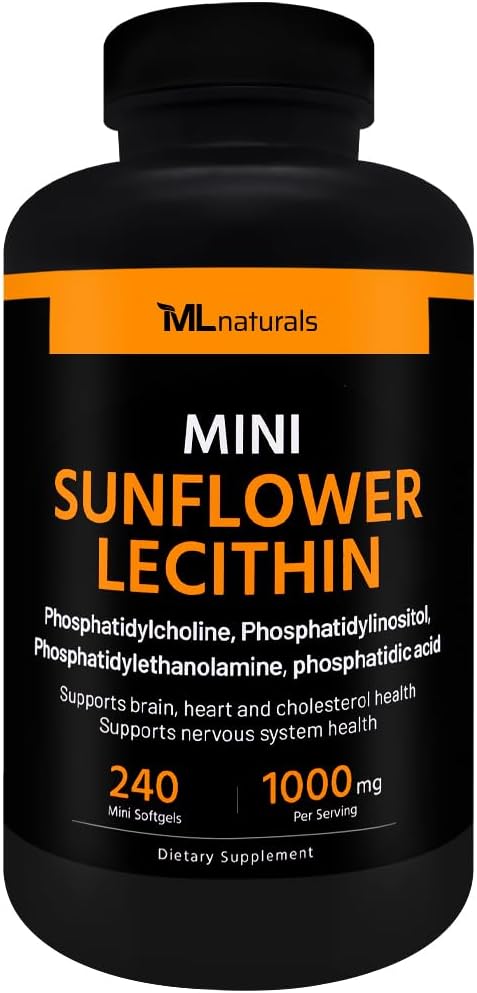 ML Naturals Mini Sunflower Lecithin 240 Softgels. Phosphatidylcholine, Phosphatidylinositol, Phosphatidylthanolamine, Phosphatidic Acid, NSF-Cerized & cGMP-Compliant