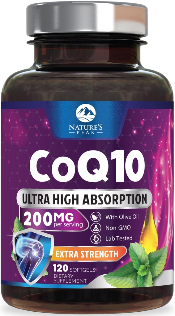 CoQ10 Softgels - Ultra High Abxia Coenzyme Q10 200mg Per Servis - Co Q 10 Softgel Supplement With Black Pepper, Energy & Heart Support Antioxy - for Women & Men, Şişed USA - 120 Softgels