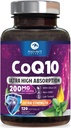 CoQ10 Softgels - Ultra High Abxia Coenzyme Q10 200mg Per Servis - Co Q 10 Softgel Supplement With Black Pepper, Energy & Heart Support Antioxy - for Women & Men, Şişed USA - 120 Softgels