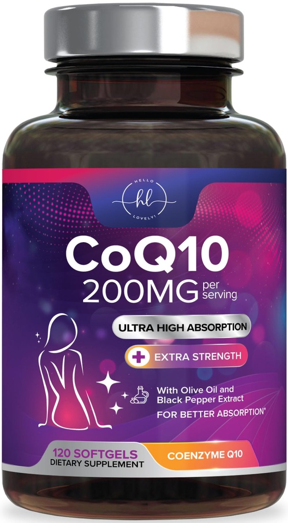 Coenzyme Q10 200 mg per Service Supplement - Ultra High Abxia, Antioksi for Heart Health & Energy Production Support - CoQ10 (Ubiquinone) CoQ 10 Supplement & Vitamins 100mg Her - 120 Softgels