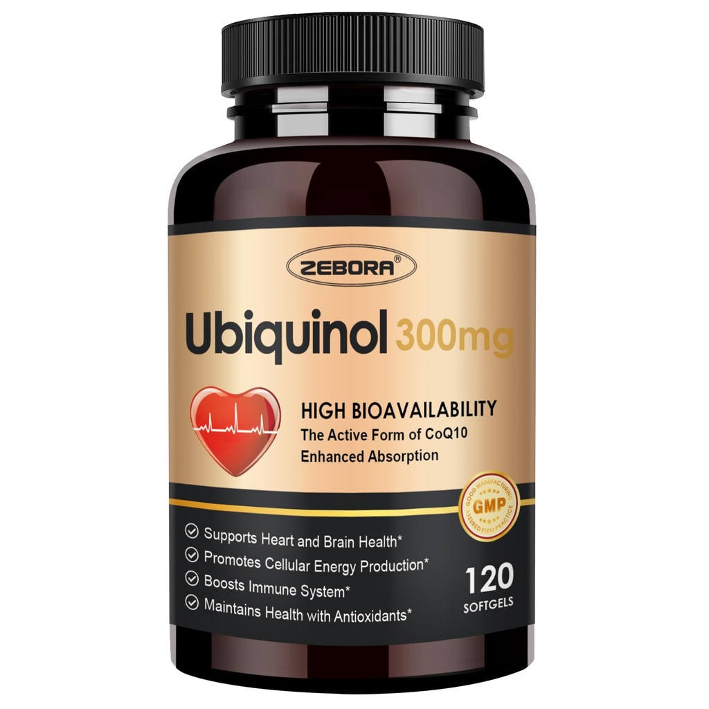 ZEBORA Ubiquinol CoQ10 300 mg Softgels, 4-in-1 Kalp ve Vascular Sağlığı için Güçlü Antioksi, Temel Enerji Üretimi, Max Abxia Active Form of CoQ10, 120 Softgels