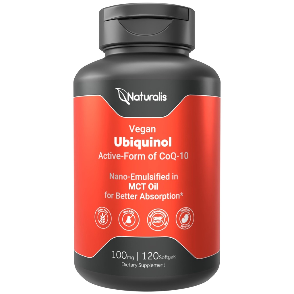 Naturalis Ubiquinol 100 mg Active CoQ-10 Daha İyi Absorpsiyon | Gluten Free, Non-GMO & Soy-Free | Cardiovascular Wellness, Antioksidan Koruma ve Sağlıklı Skin*| 120 Softgels