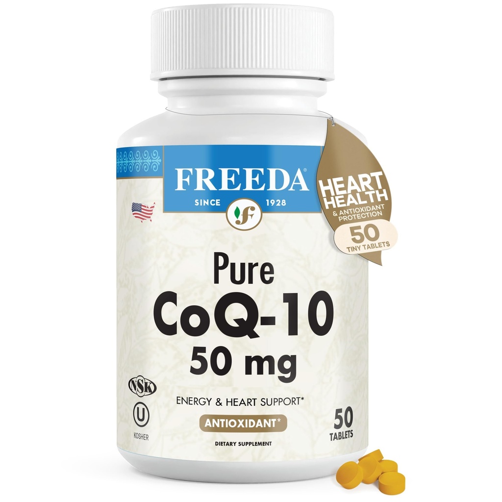 FREEDA CoQ10 50 mg - Kosher Vegan Co-Q 10 Cardiovascular Kalp Sağlığı, Kan Baskı Desteği, Gum Health & Health Aging - Pure Coenzyme Q10 - Ubiquinone CQ10 Supplement (50 Count)