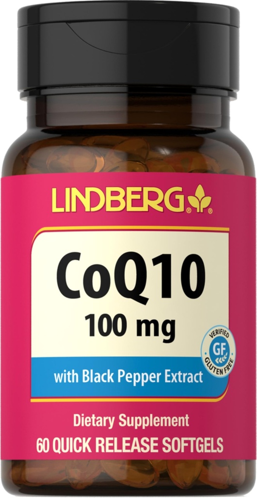 Lindberg CoQ10 100 mg Softgels | 60 Kont | Coenzyme Q10 Kadınlar ve Erkekler için Tamam | Black Pepper Extract | Non-GMO, Gluten Free