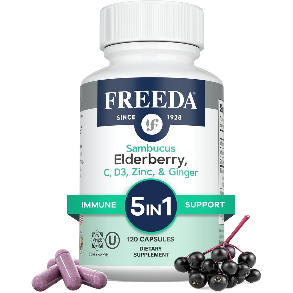 FREEDA Sambucus Elderberry με βιταμίνη C, ψευδάργυρο, βιταμίνη D3 & Ginger - 5 σε 1 βοτανικό αντιοξειδωτικό ανοσοποιητικό συμπλήρωμα υποστήριξης για γυναίκες & άνδρες - Χωρίς γλουτένη κάψουλες ενηλίκων Elderberry, USA Made (120 Count)