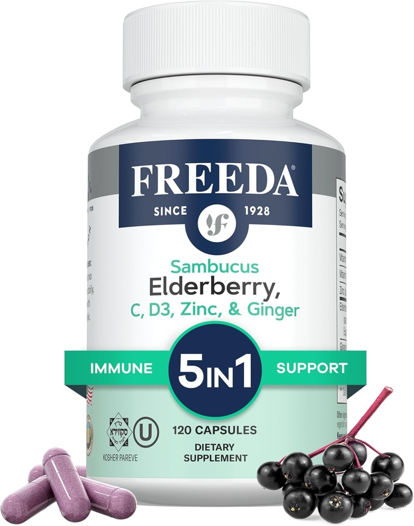 FREEDA Sambucus Elderberry ile C, çinko, Vitamin D3 & Ginger - 1 Herbal Antioksi Immune Support Supplement for Women & Men - Gluten Free Adult Elder Capsules, USA Made (120 Count)
