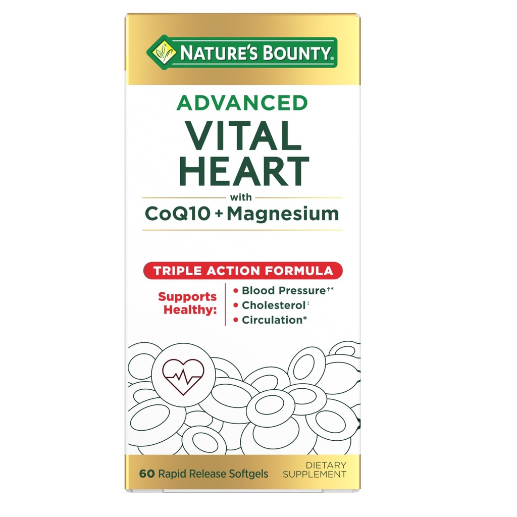 Nature's Bounty Advanced Vital Heart with CoQ10 + Magnezyum, Antioksi, Supports Health Blood Pressure, Cholesterol, Circulation, Triple Action Formula, CoQ10, Magnezyum Tamam, 60 Softgels