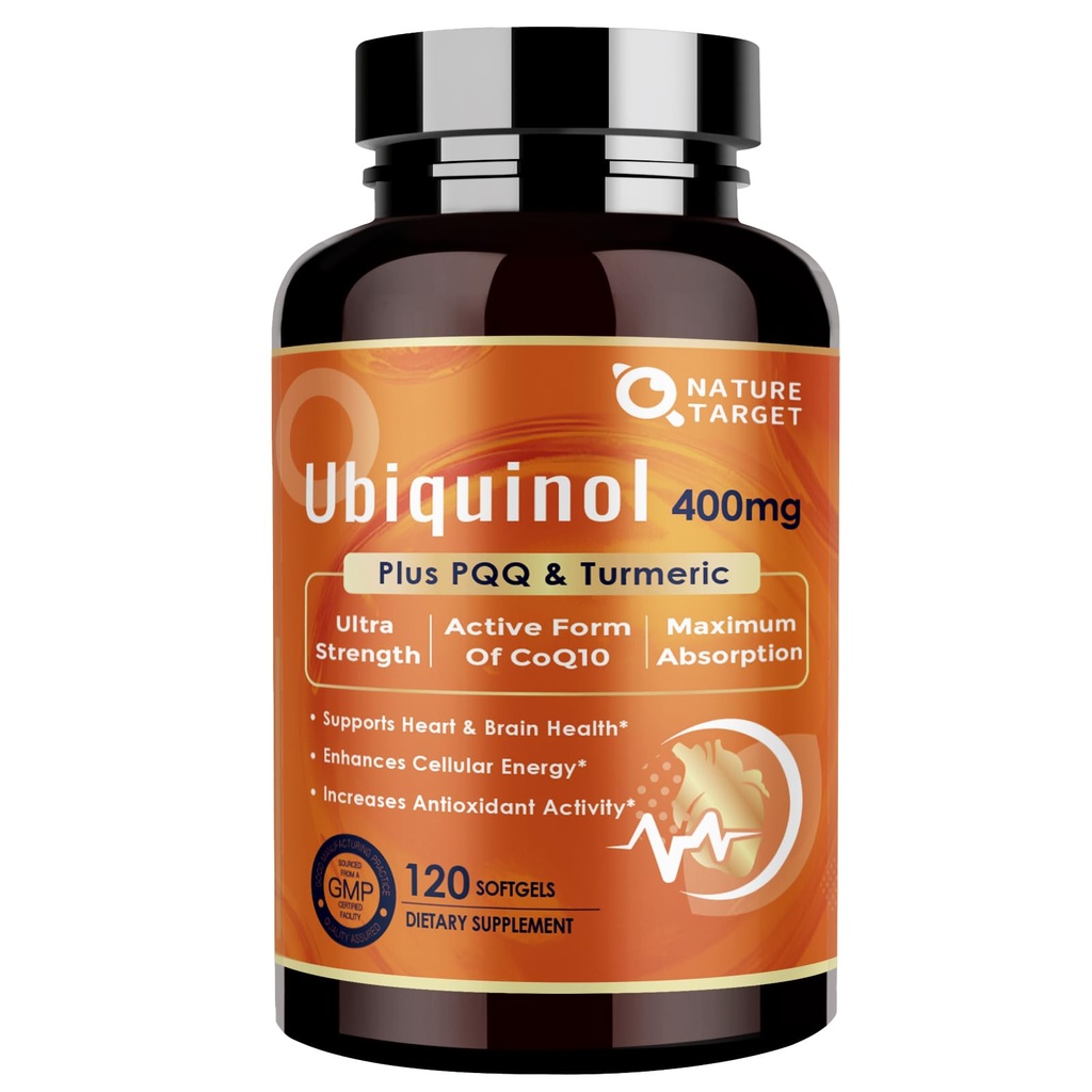 NATI TARGET Ubiquinol CoQ10 400 mg PQ & Turmeric, High Abors Coenzyme Q10 Supplement with ALA & Black Pepper, Antioxy for Heart & Brain Health, Energy Production, 120 Count