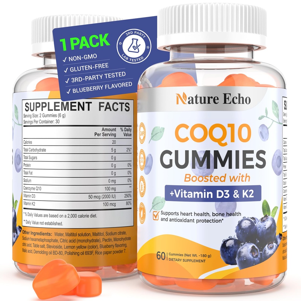 Nature Echo® CoQ10 Gummies 100mg, CoQ10 συμπλήρωμα με βιταμίνη D3 & K2, Coenzyme Q10 συμπλήρωμα Μπλε Βατόμουρο Γεύση, Χωρίς ζάχαρη, Καρδιά Υγεία, Οστική Υποστήριξη & Αντιοξειδωτικό, Vegan, Μη ΓΤΟ 60 Gummies