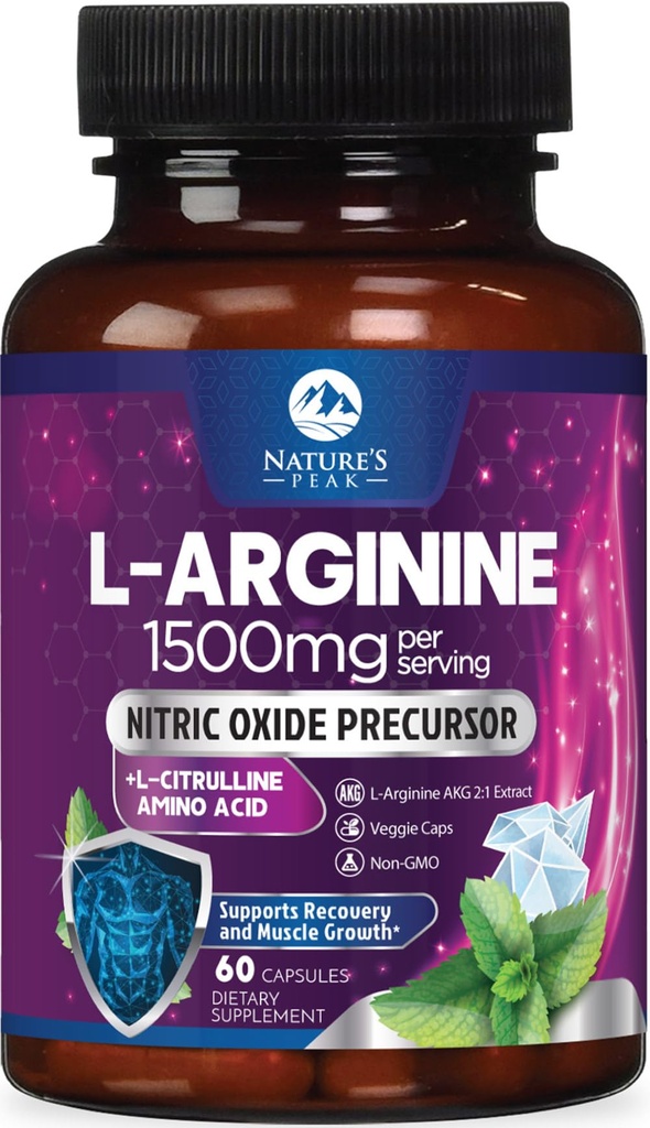 L-Arginine Kompleksi - Ekstra Kuvvet Nitrik Membran ATM Supplement - Doğal Kalp Sağlığı ve Kas Desteği için Premium Enerji - Sigara içilmeyen ABD - 60 Capsules
