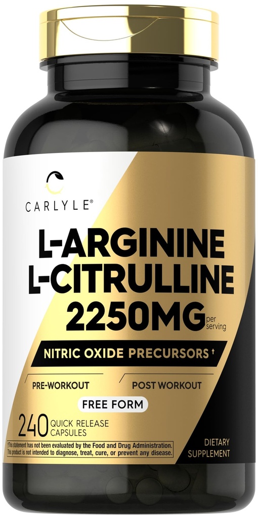 Carlyle L-Arginine L-Citrulline Supplement | 2250 mg | 240 Toz Capsules | Nitrik Çimento Precursors | Free Form | Non-GMO & Gluten Free