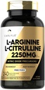 Carlyle L-Arginine L-Citrulline Supplement | 2250 mg | 240 Toz Capsules | Nitrik Çimento Precursors | Free Form | Non-GMO & Gluten Free