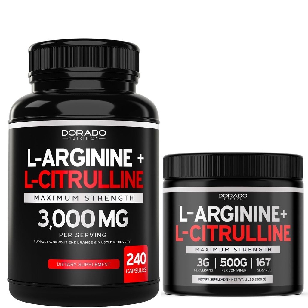 L Arginine L Citrulline (240 Kont) - Stamina & Endurance ve L Arginine L Citrulline Toz (3g) - Nitrik Çimento Performans ve Endurance - Vegan & ABD Made