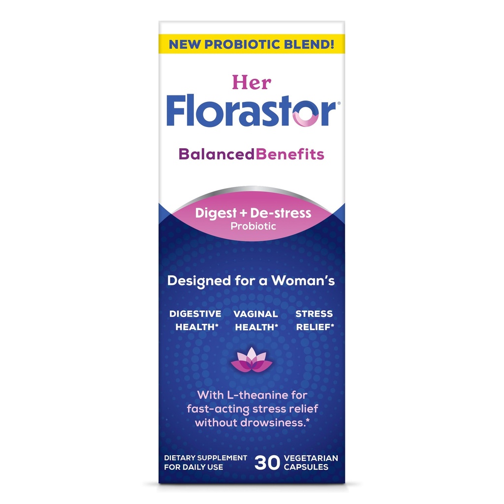 Florastor Probiotics για γυναίκες, Digest και De-Stress, Probiotics για Digestive Υγεία, Κολπικό Προβιοτικό, και L-Θεανίνη για το μυαλό και την ευεξία του σώματος, 30 κάψουλες