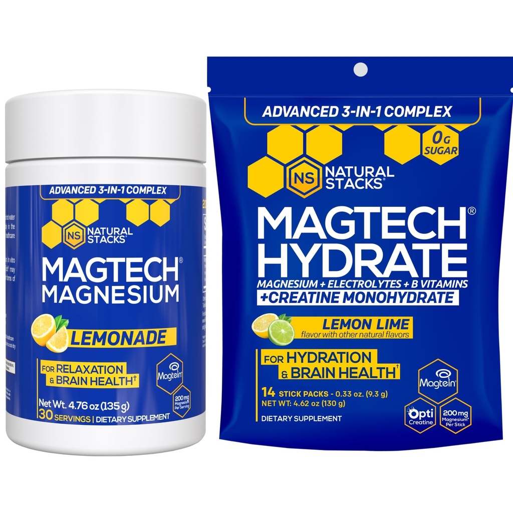 Magtech Magnesium Lemonade & Magtech Hydration Powder with Creatine - Sugar Free Magnesium Powder - Supports Hydration & Brain Health - 44 Total Servings