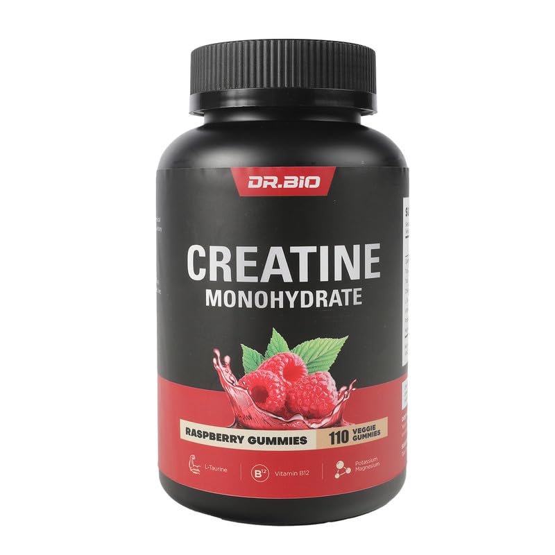 DR.BIO Creatine Monohydrate Gummies for Energy & Muscle Support, Pre-Workout Complex Create for Women & Men with 5000mg Creatine, L-Taurine, B12, Mg and K, Vegan, Red Raspberry, 110 Count