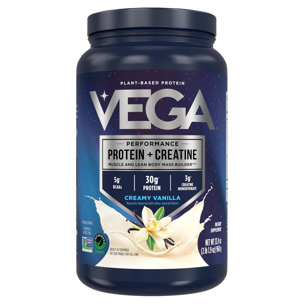 Vega proteini + Kretin - 30g Plant-Based Protein, Vanilla, 20 Hizmet, 3g Kretin, Vegan, Keto, Gluten Free, Dairy Free, Low Carb, Kas Büyüme ve Onarım için, İçecek Mix, 33.9oz