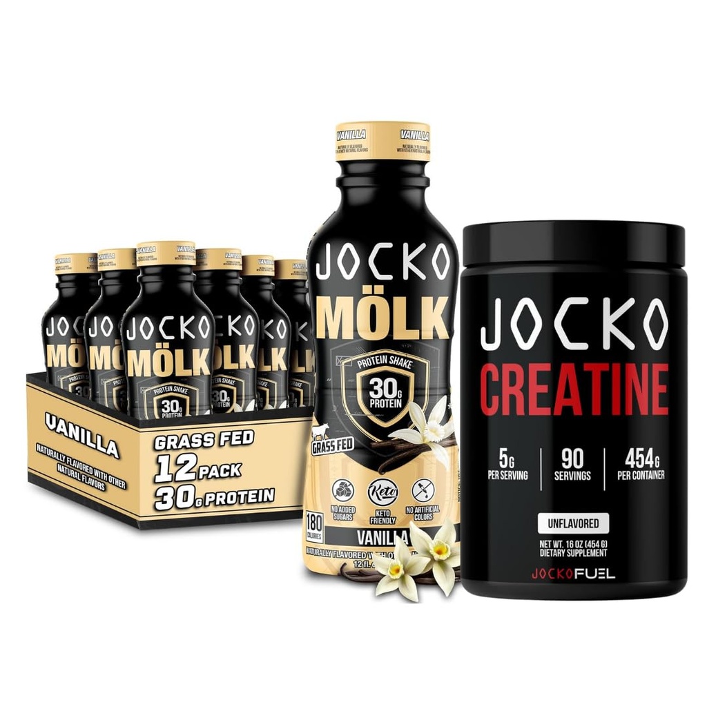 Jocko Mölk Grass Fed Protein Shakes - Έτοιμος να πιει (Pack of 12) Βανίλια + Jocko Creatine